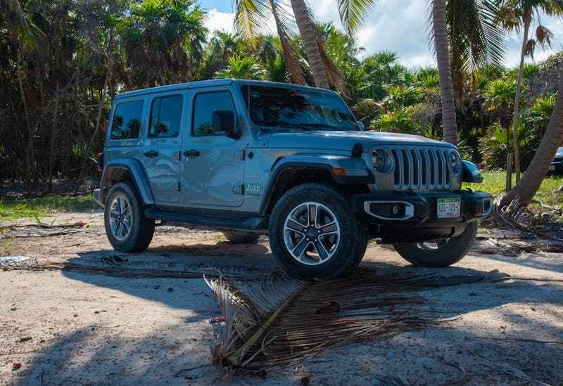 Un 4x4 tendance, gris anthracite et vitre teintée est garé sur la plage, entouré de palmier.